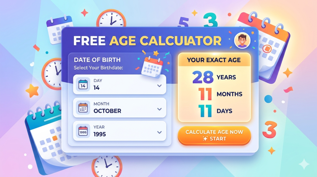 "Free age calculator showing date of birth input fields and age result in years, months, days"